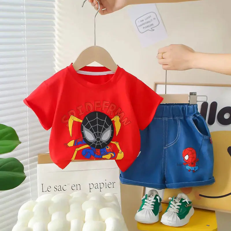 Boys Cartoon Printed Red Tee And Shorts