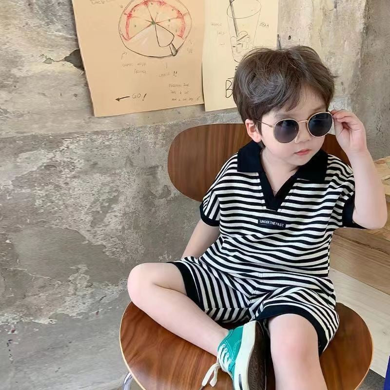 Collared Boys and Girls Striped Tshirt and Shorts Set
