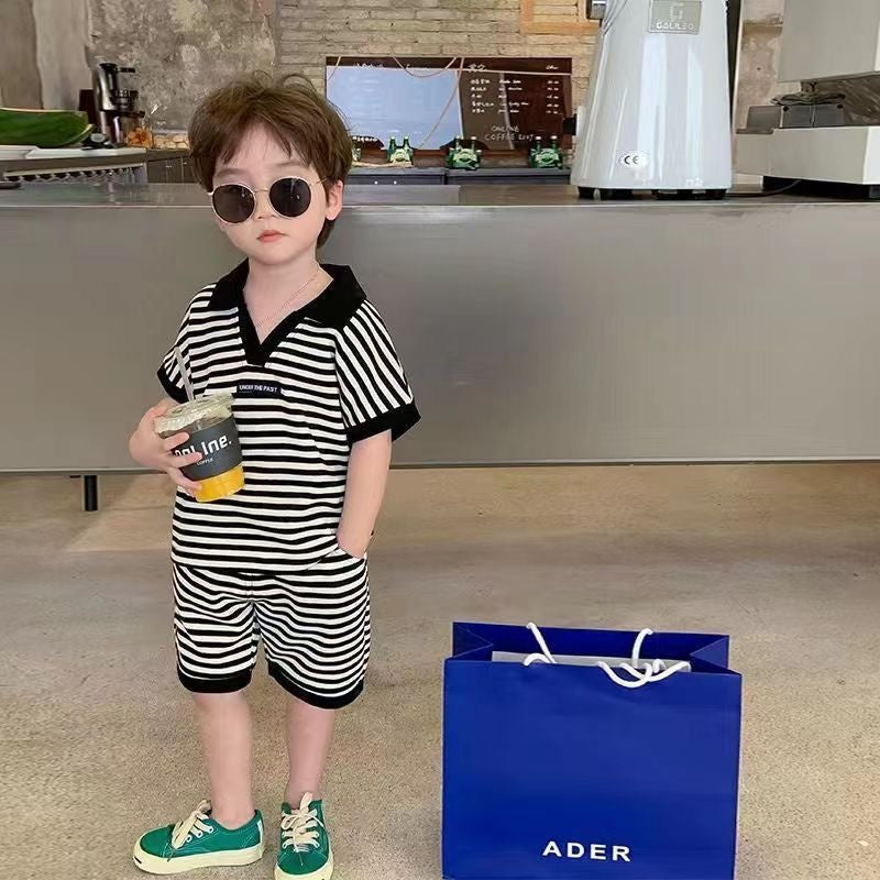 Collared Boys and Girls Striped Tshirt and Shorts Set