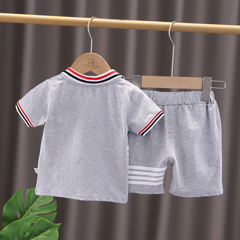 Collared Gray Striped Tshirt and Shorts Boys Set