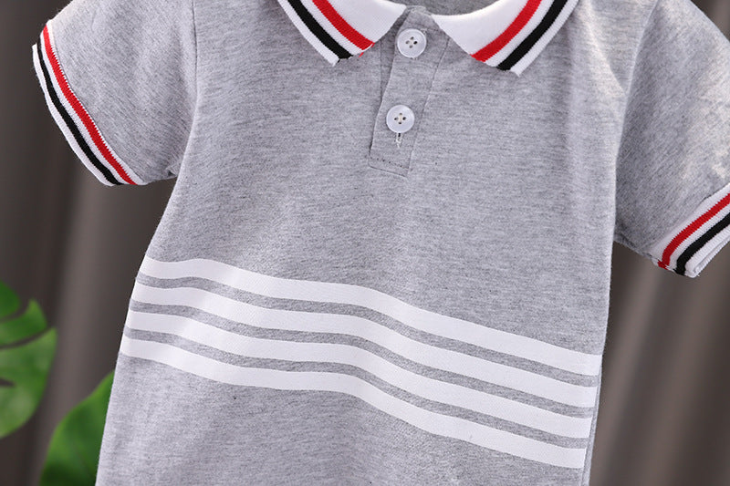 Collared Gray Striped Tshirt and Shorts Boys Set