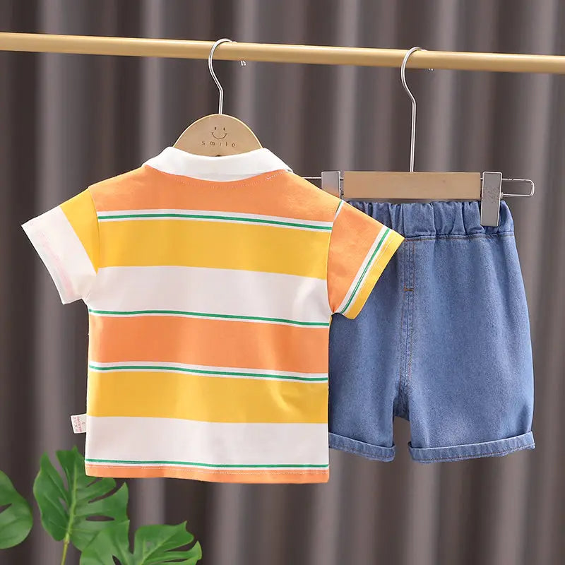 Collared T-shirt And Shorts Boys Set with Green Bag