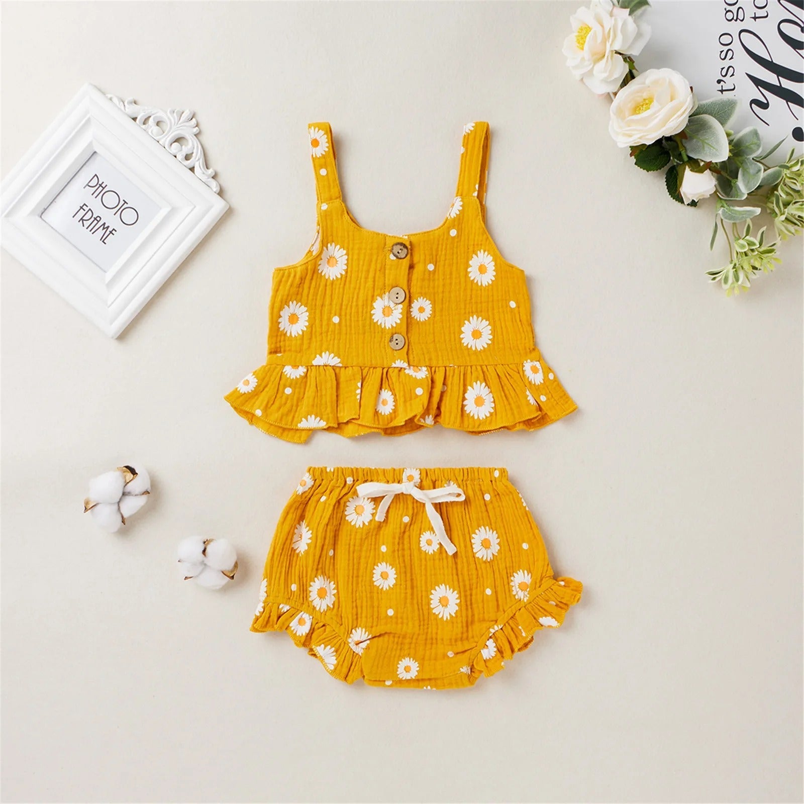 Cute Muslin Flower Top and Shorts Girls Set