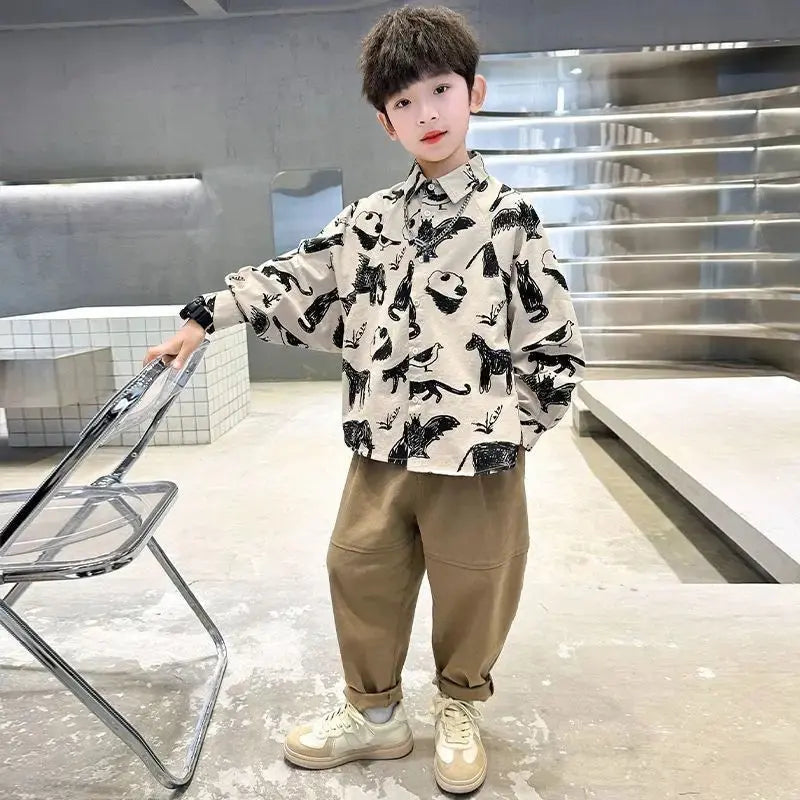 Boys Brown Jacket, Patterned Shirt With Trouser 3 Pcs Set