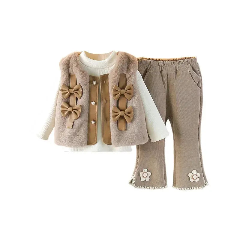 Girls Faux Fur Bow Jacket White Knit Top And Embellished Pants