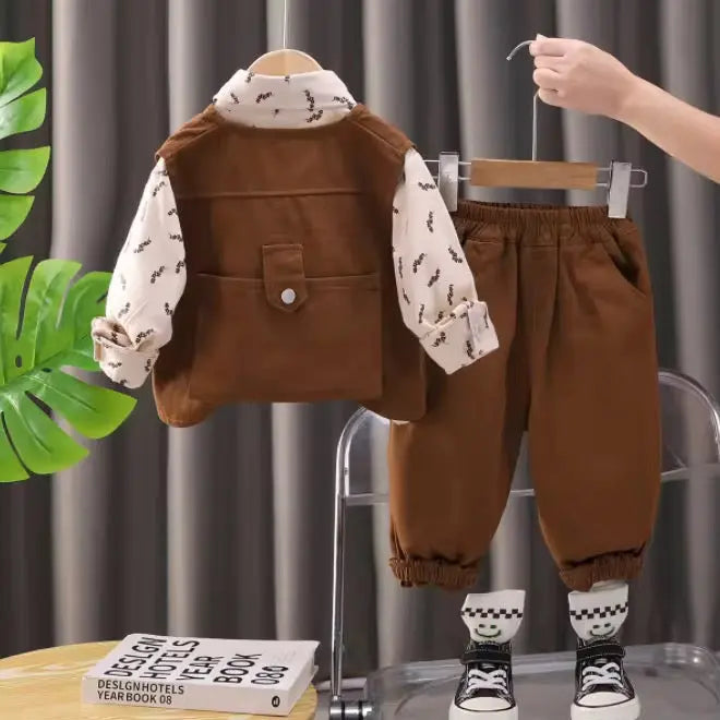Boys Little Explorer 3-Piece Set – Brown Jacket, Shirt & Joggers