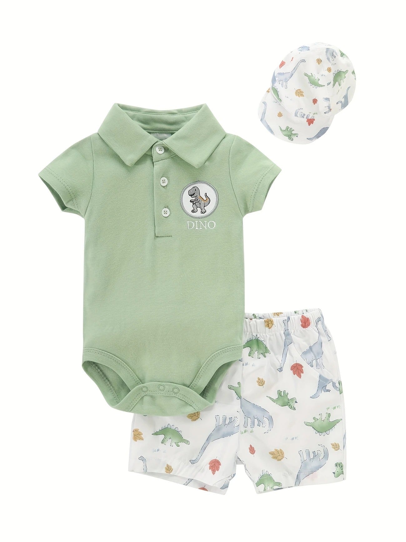 Dino Fun Baby Boy Romper Shorts & Hat Set