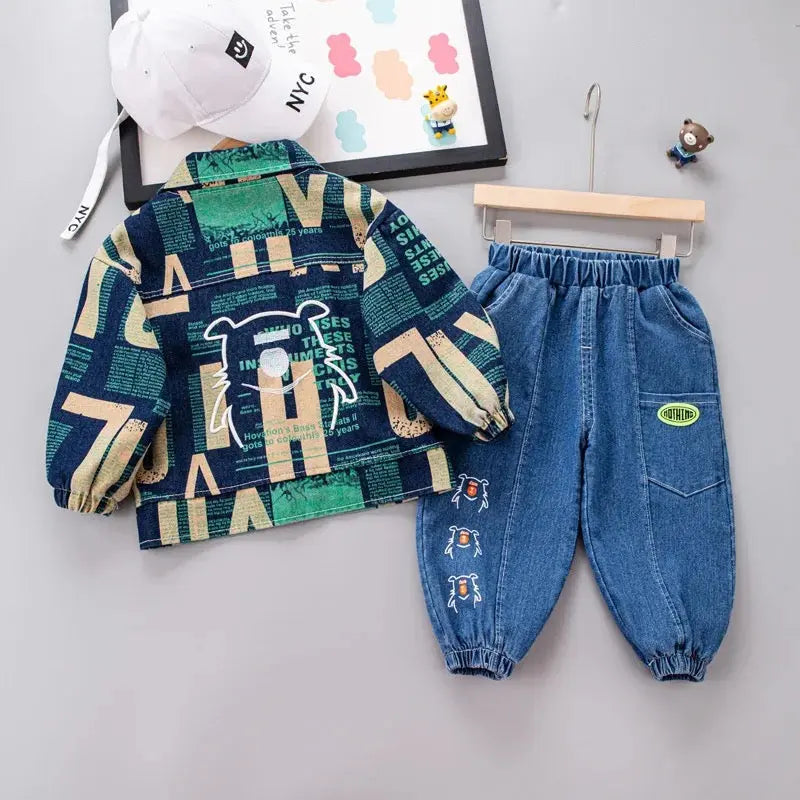 Boys Text Print Jacket, T-shirt And Jeans 3 Pcs Se