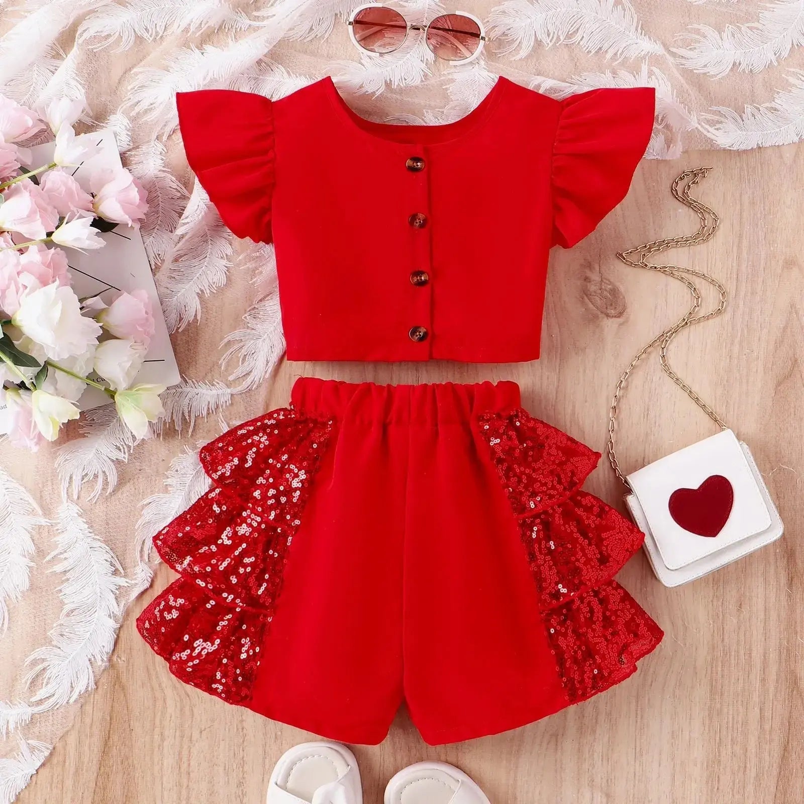 Girls Red Party Wear Top and Sequins Skirt Set