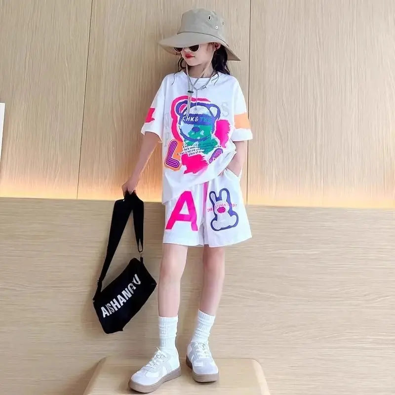 Girls White Printed Summer Co-ord Set