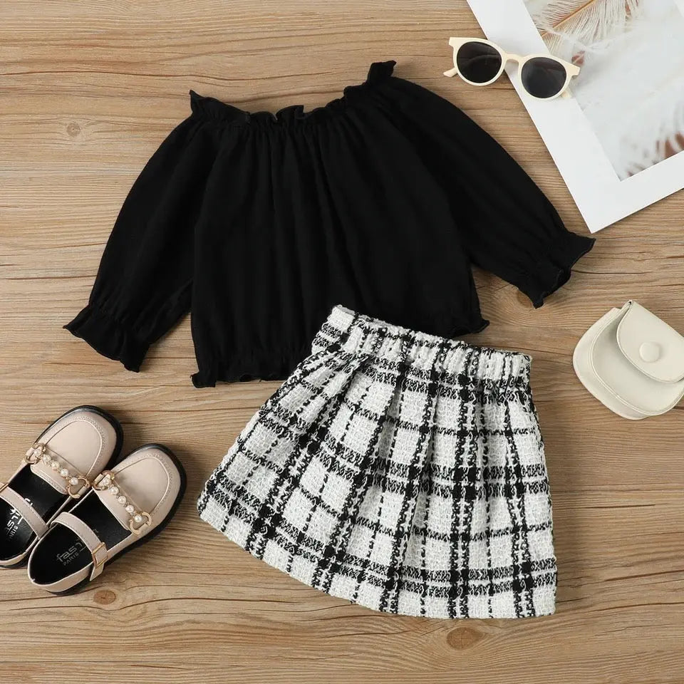 Girls Black Top With Tweed Skirt And Bow
