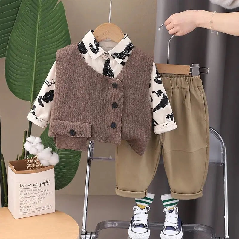 Boys Brown Jacket, Patterned Shirt With Trouser 3 Pcs Set