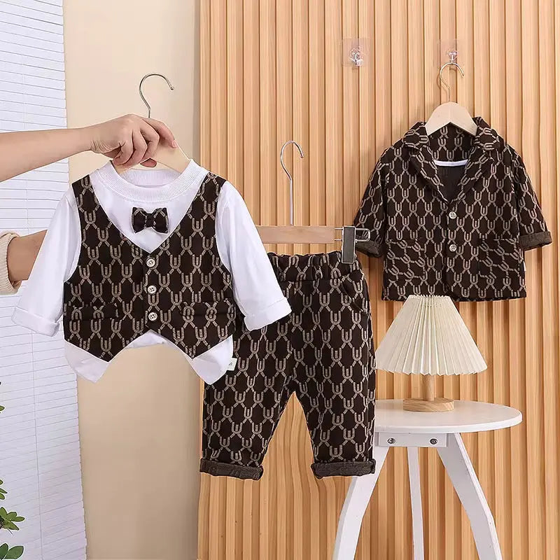 Boys Elegant Monogram Brown Suit