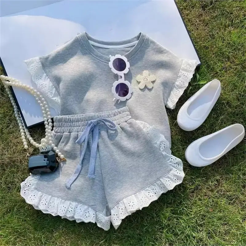Girls Grey Top With Lace Detail And Shorts