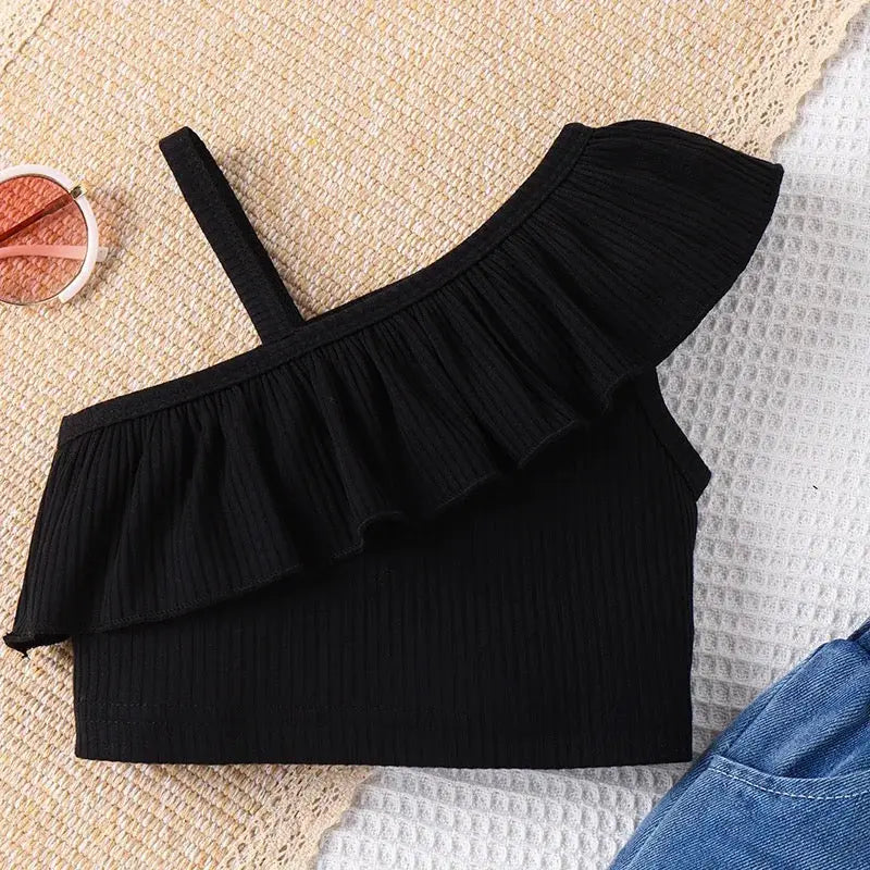 Girls Off Shoulder Black Top And Bell Bottom Jeans