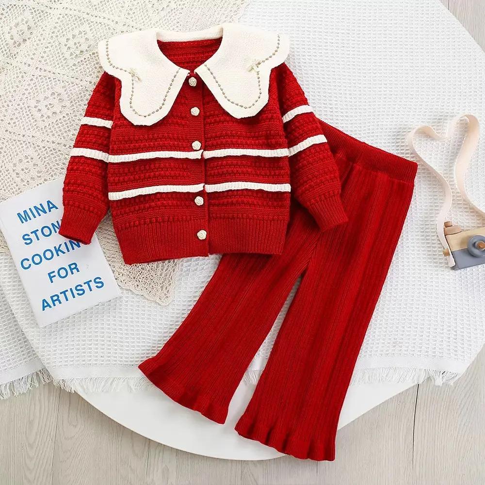 Girls Cherry Red Knit Co-ord Set with Peter Pan Collar