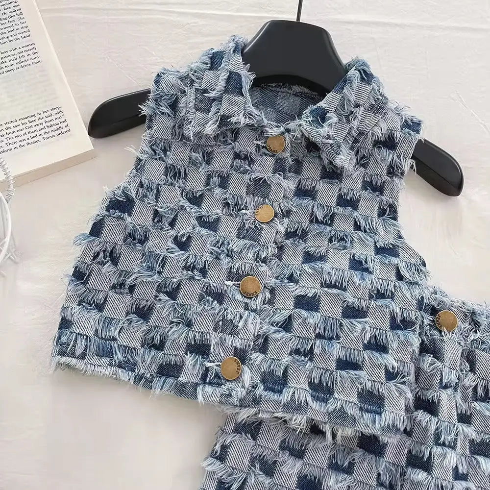 Girls Denim Top And Skirt Set