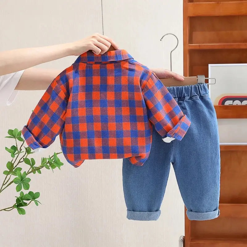 Boys Red Checkered Shirt With T-shirt And Jeans 3 Pcs Set