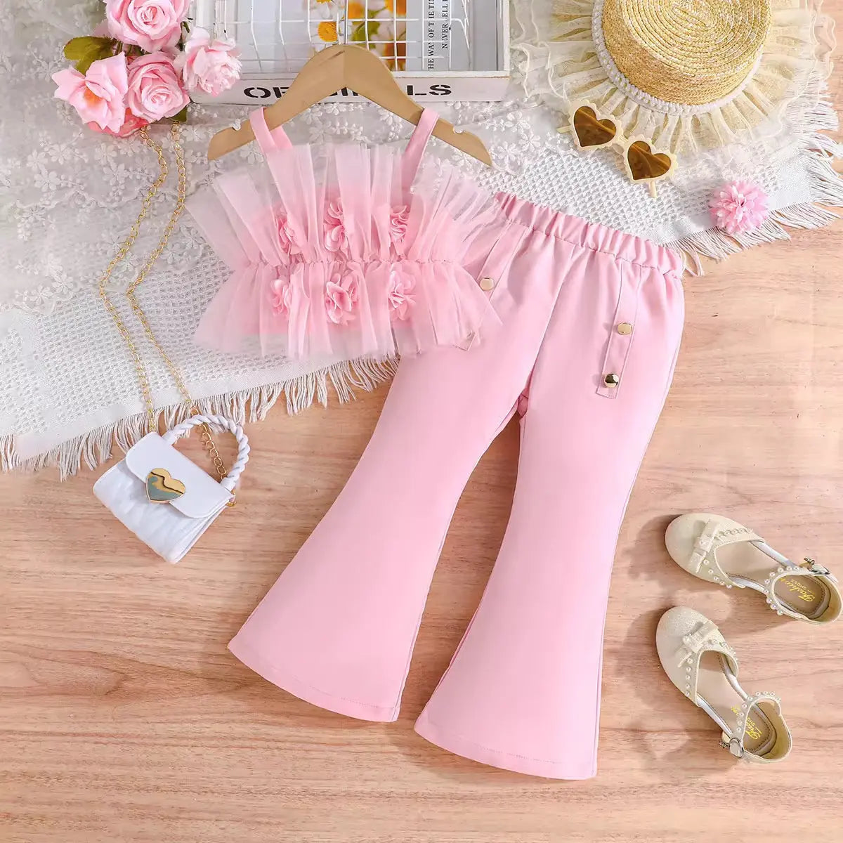 Girls Pink Mesh Top With Flared Pants 2 Pcs Set
