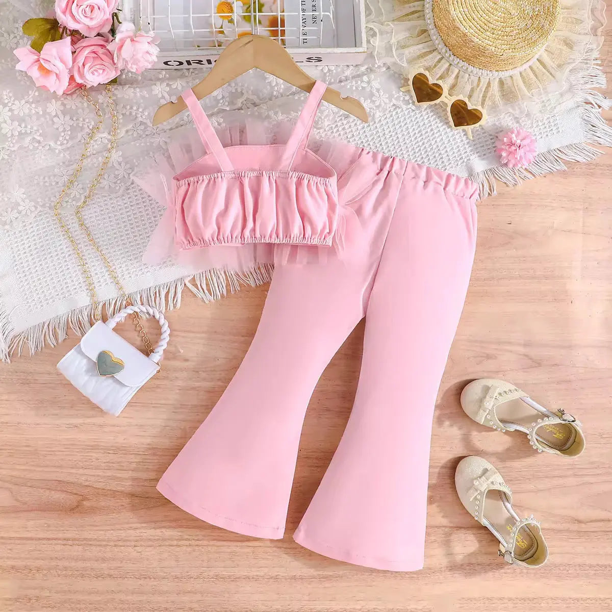 Girls Pink Mesh Top With Flared Pants 2 Pcs Set
