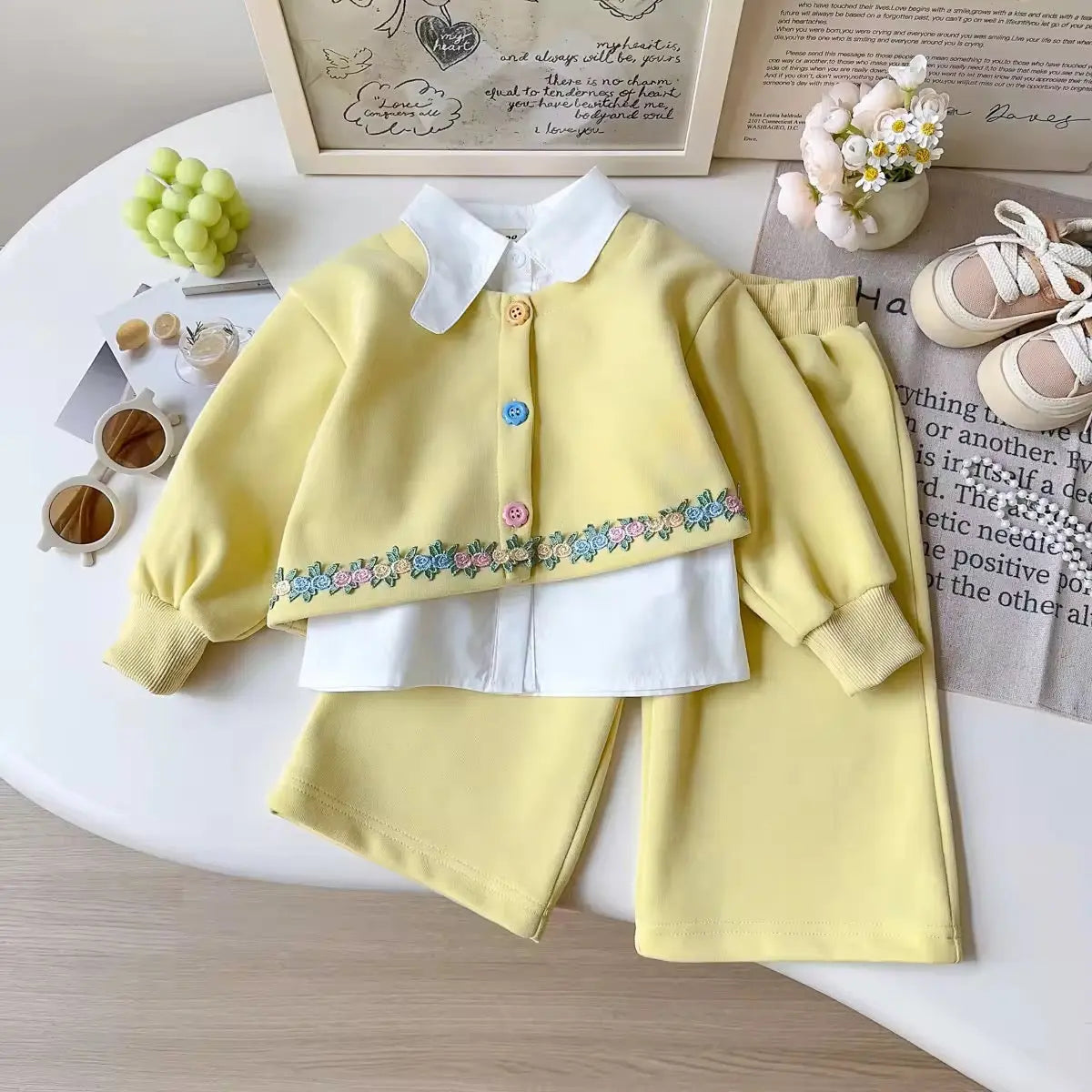 Girls Yellow Floral Embroidered 3 Pcs Set