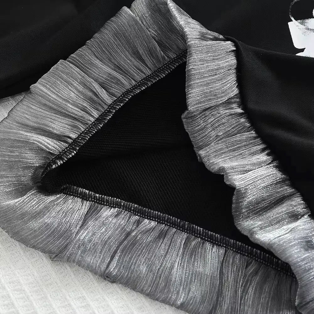 Girls Black Outfit Set With Silver Bow & Ruffle Trim