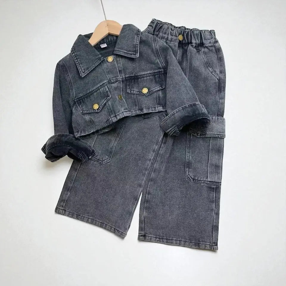 Girls Black Denim Co-ord Set