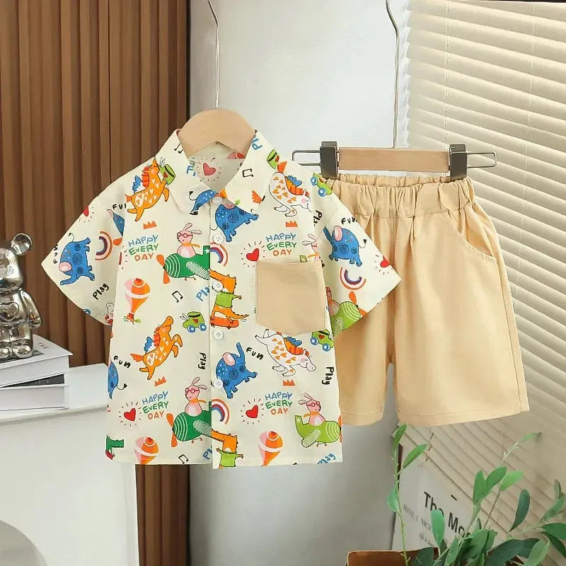Boys Cartoon Printed Shirt And Solid Shorts 2 Pcs Set