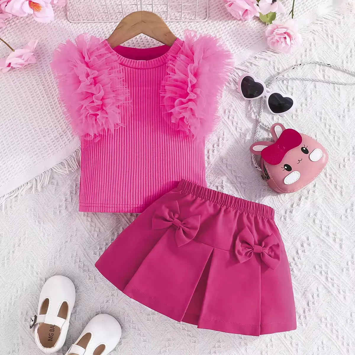 Girls Pink Ruffled Top With Matching Skirt 2 Pcs Set