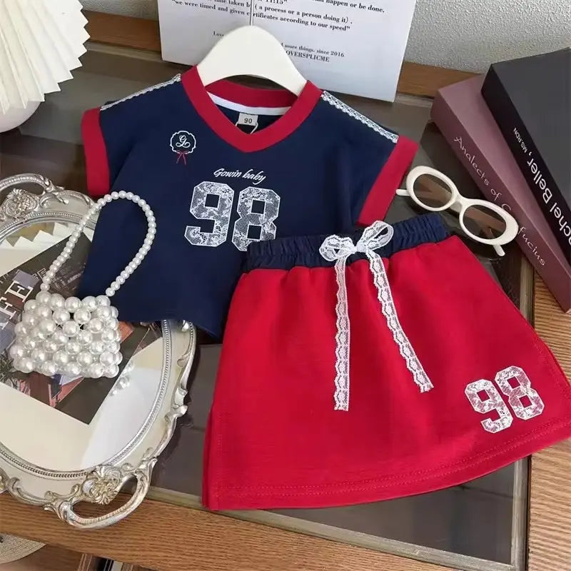 Girls Blue Graphic T-Shirt With Red Skirt