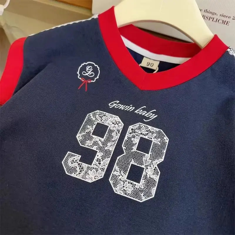 Girls Blue Graphic T-Shirt With Red Skirt