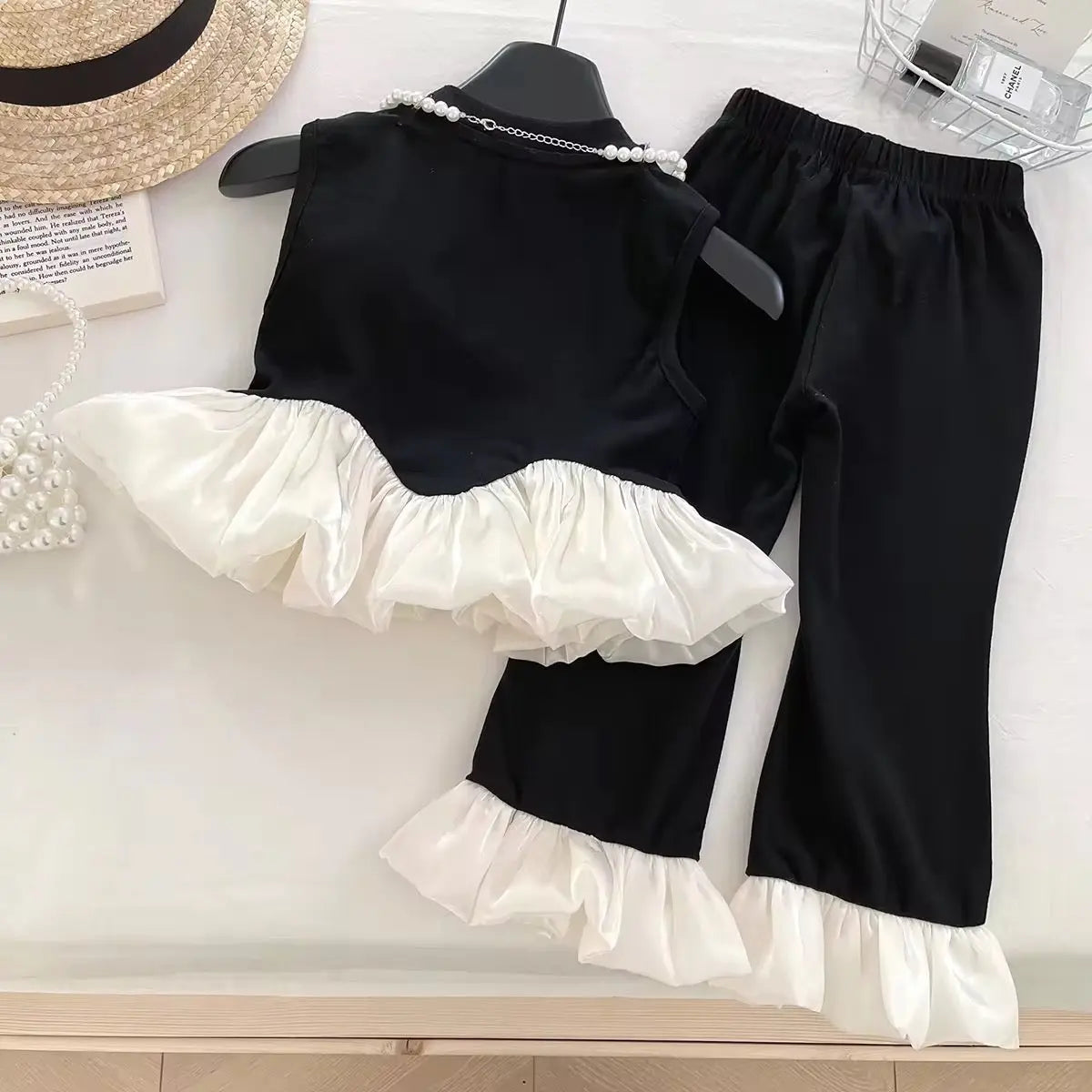 Girls Elegant Black Top And Pants With Ruffled Details