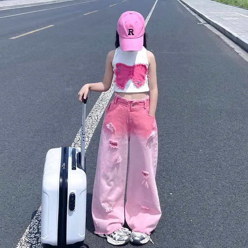 Girls Pink Sleeveless Butterfly Top With Rugged Wide Fit Jeans