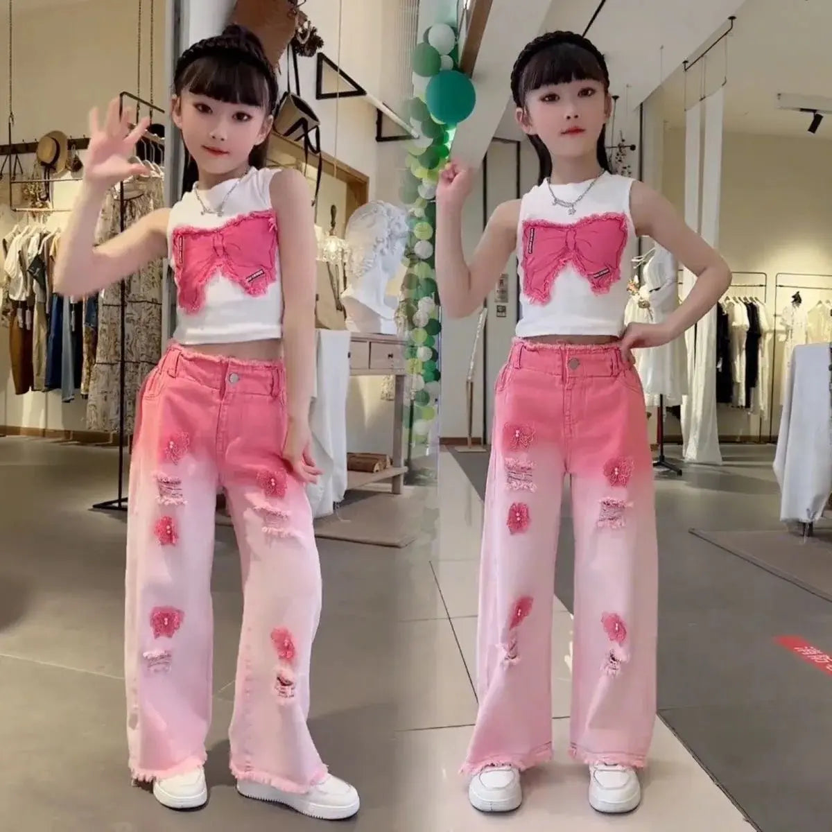 Girls Pink Sleeveless Butterfly Top With Rugged Wide Fit Jeans