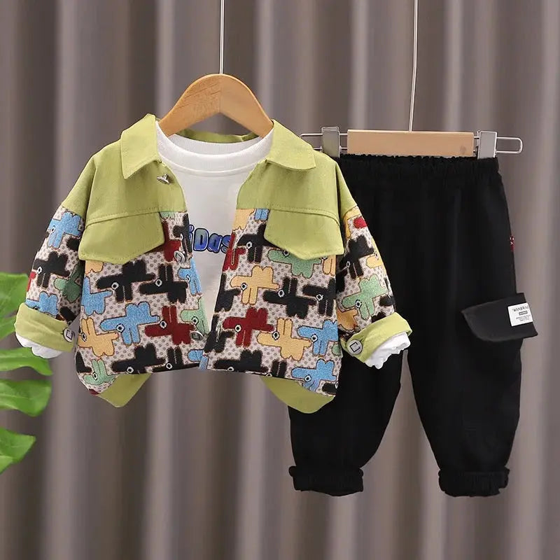 Boys Green Designer Shirt With T-shirt And Pants 3 Pcs Set