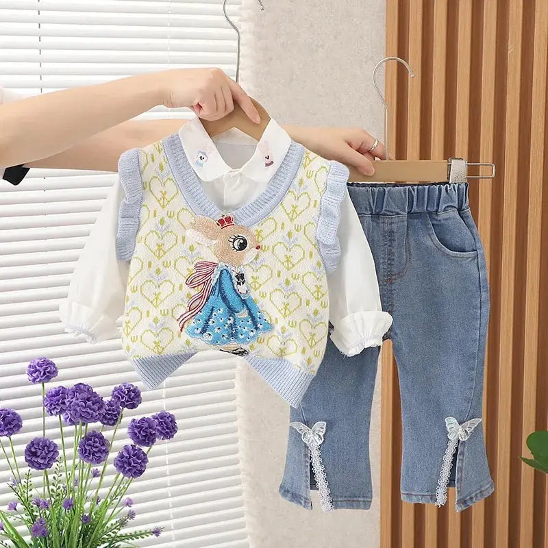 Girls Shirt, Sweater with Rabbit Motif And Jeans 3pcs Set