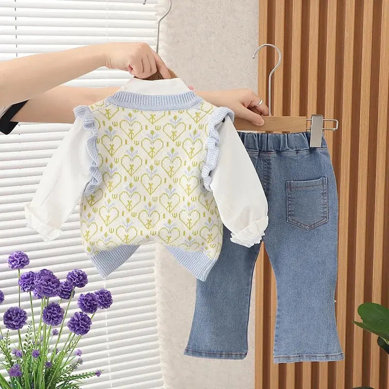 Girls Shirt, Sweater with Rabbit Motif And Jeans 3pcs Set