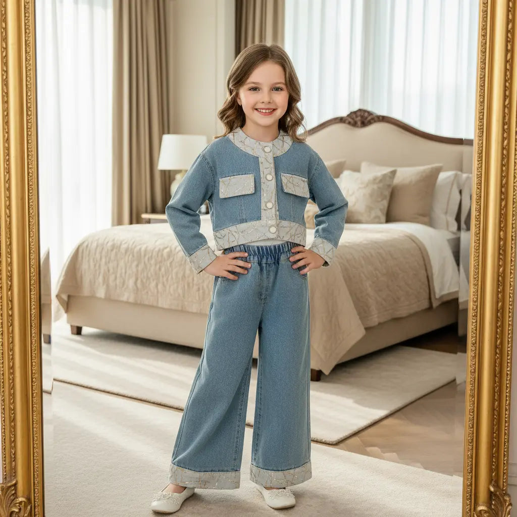 Girls Denim Sequins-Detail Co-ord Set