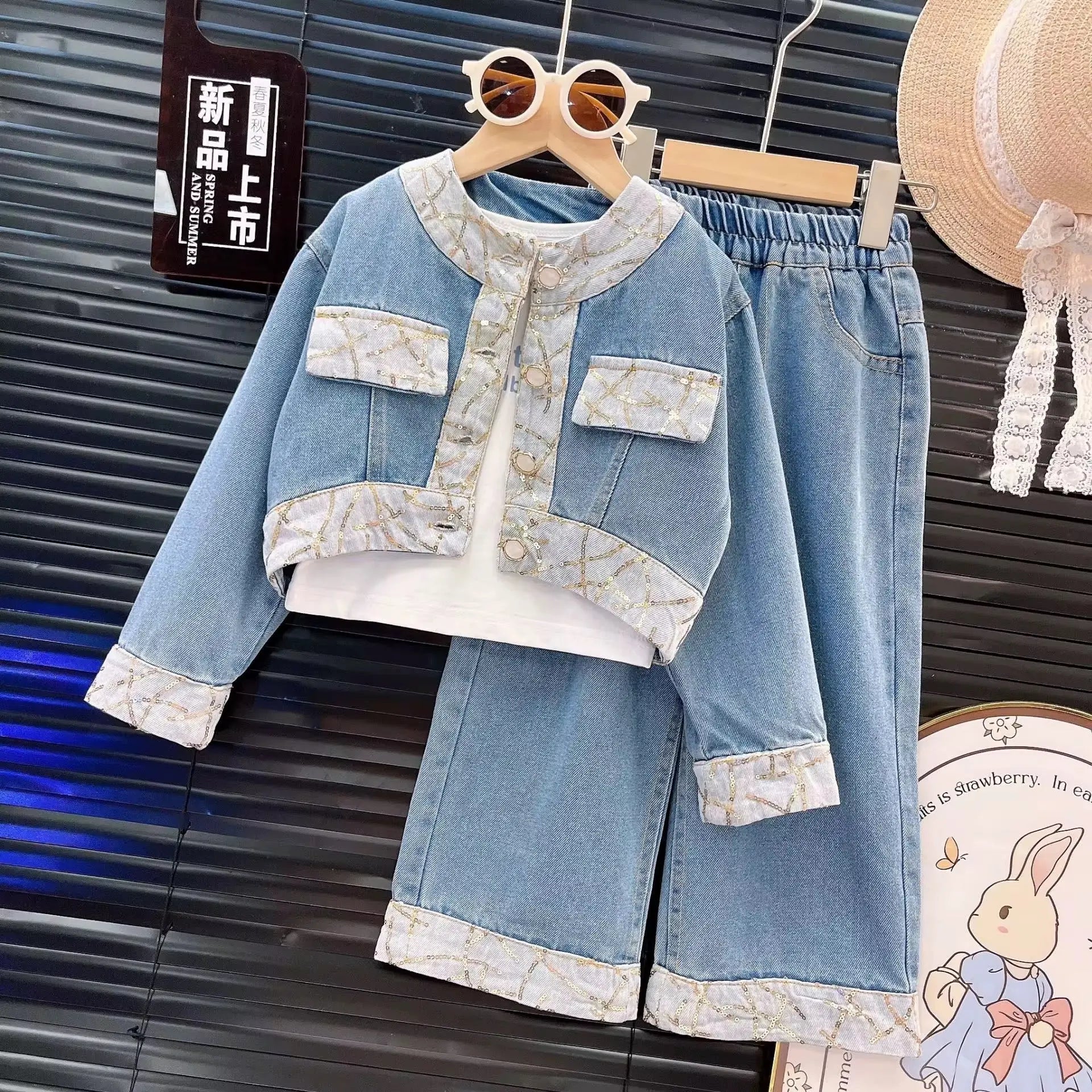 Girls Denim Sequins-Detail Co-ord Set