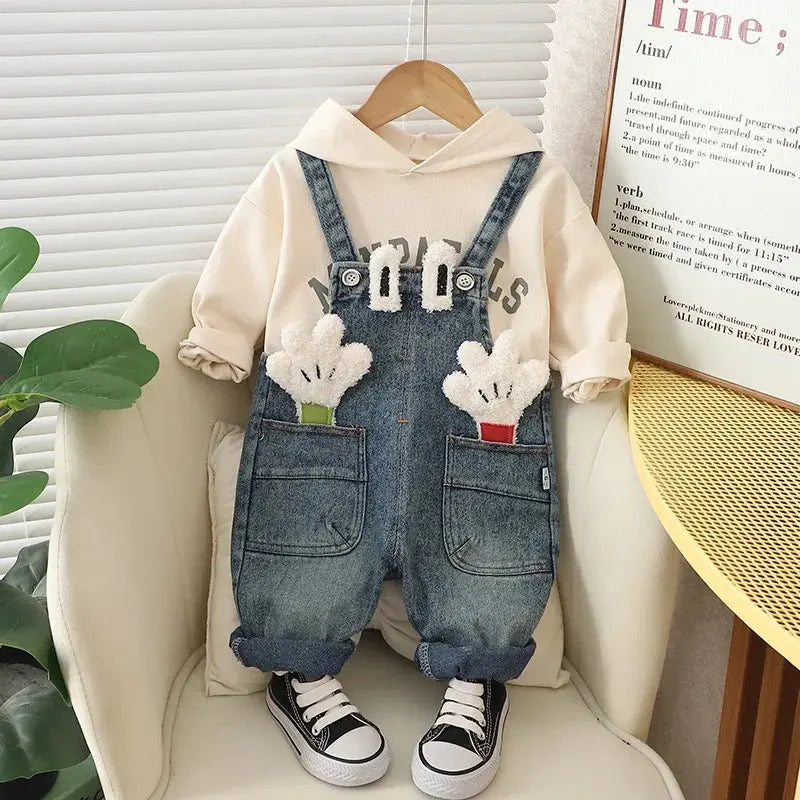 Kids White Hoodie With Denim Dungaree 2 pcs Set