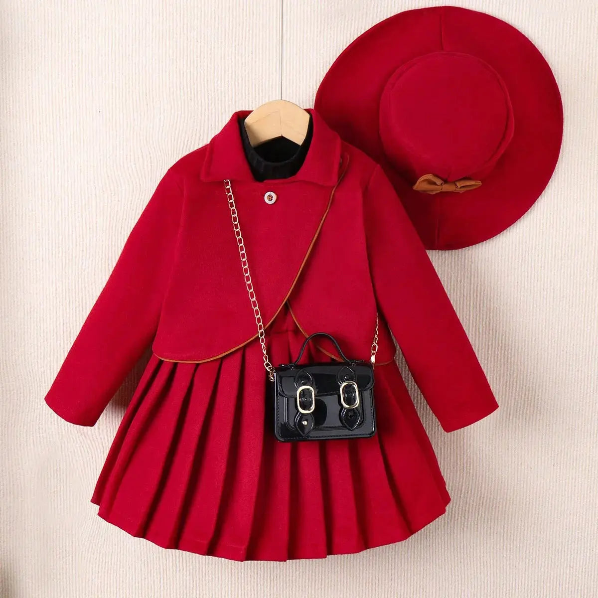 Girls Solid Jacket And Pleated Skirt With Hat 3 Pcs Set