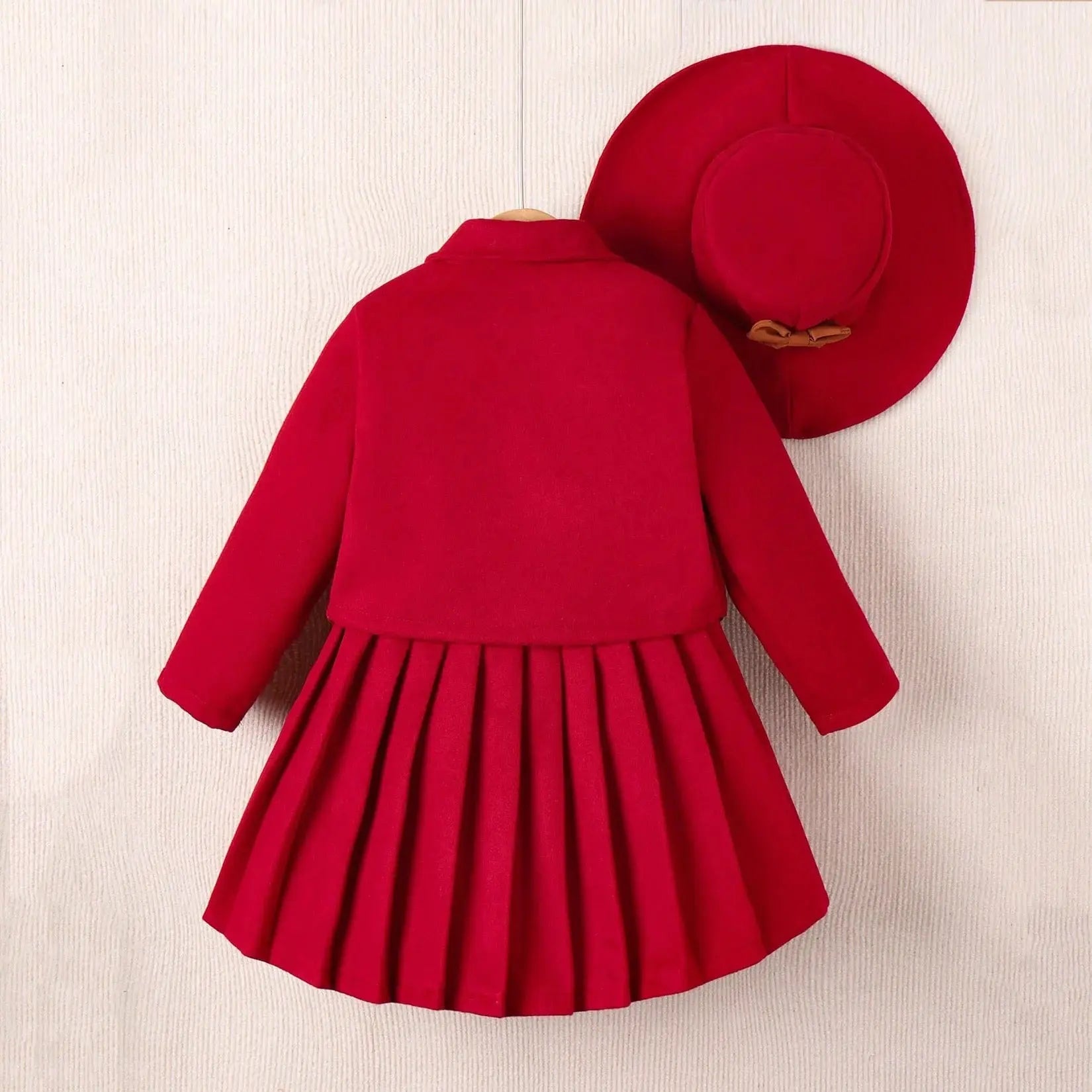 Girls Solid Jacket And Pleated Skirt With Hat 3 Pcs Set