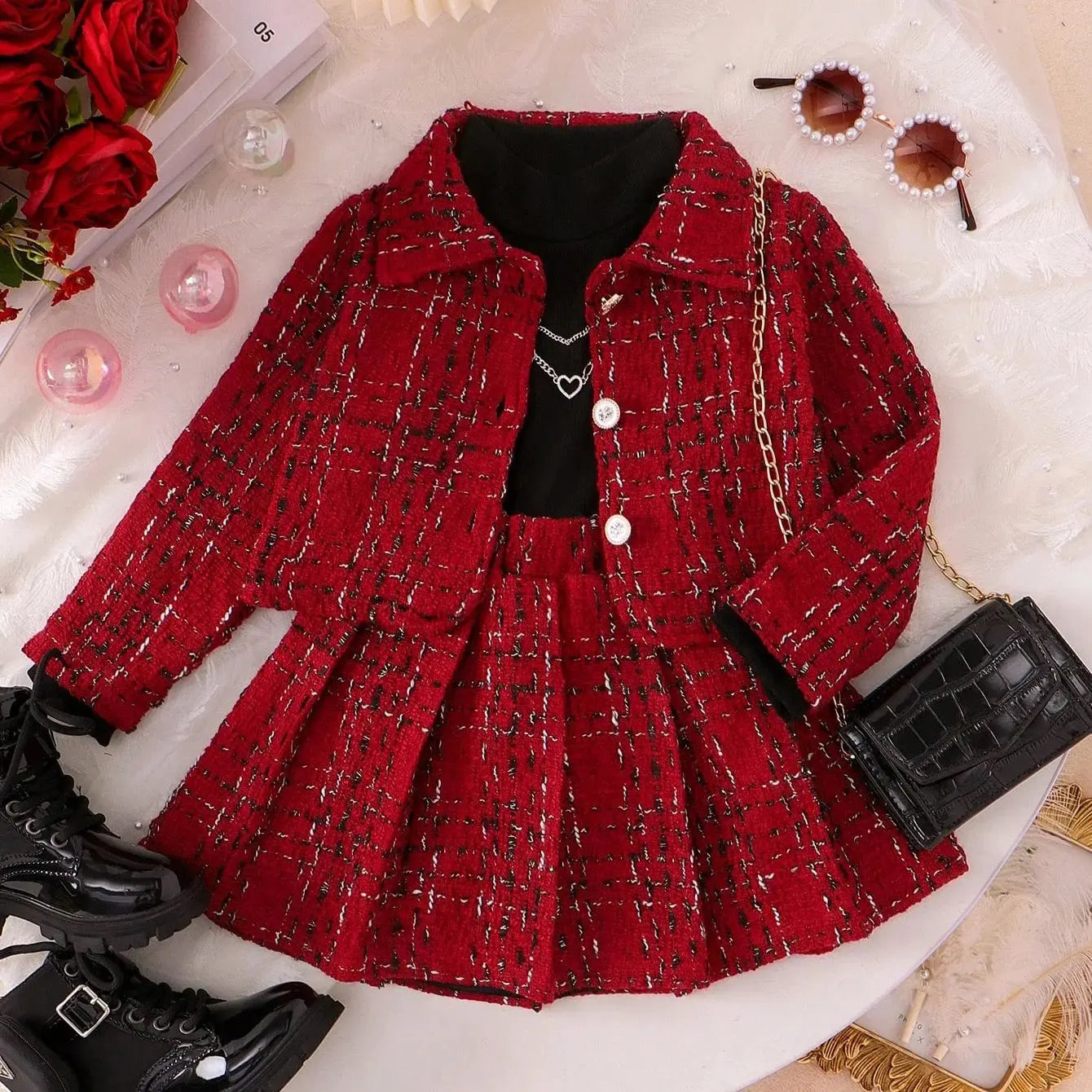 Girls Red Tweed Jacket And Skirt With Black Top 3 Pcs Set