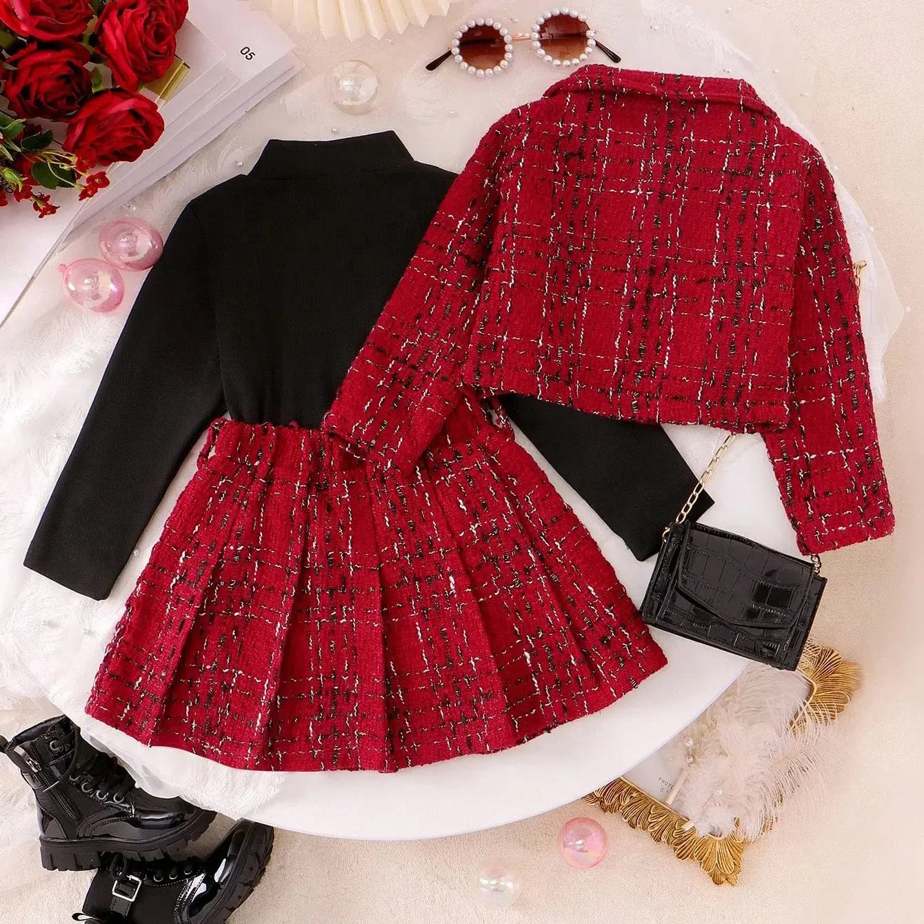 Girls Red Tweed Jacket And Skirt With Black Top 3 Pcs Set