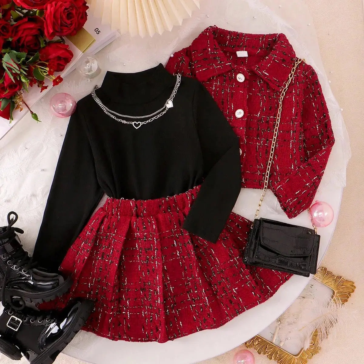 Girls Red Tweed Jacket And Skirt With Black Top 3 Pcs Set