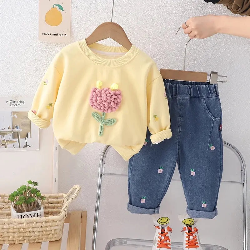 Girls Floral Motif Yellow Sweatshirt And Jeans 2 Pcs Set
