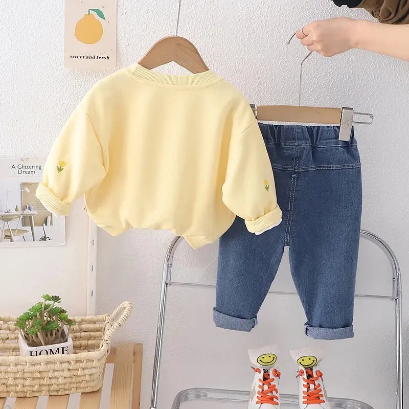 Girls Floral Motif Yellow Sweatshirt And Jeans 2 Pcs Set