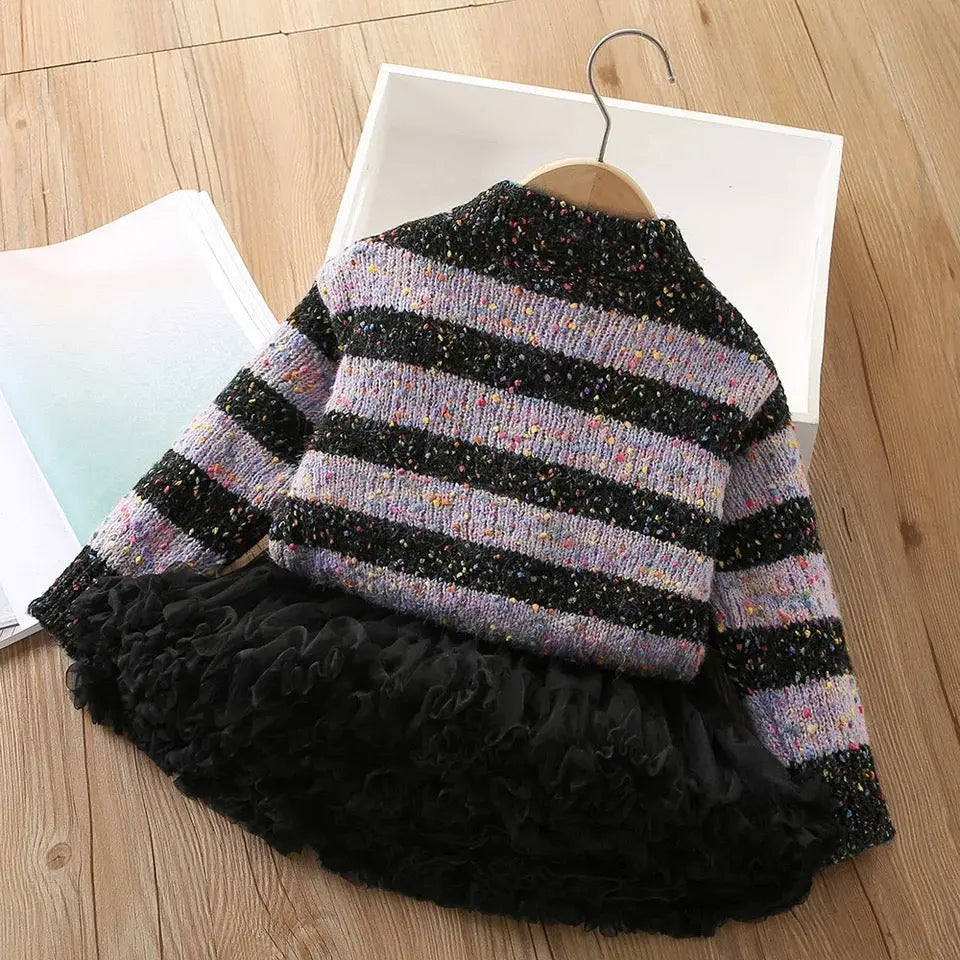 Girls Black Striped Sweater And Fluffy Skirt 2 Pcs Set