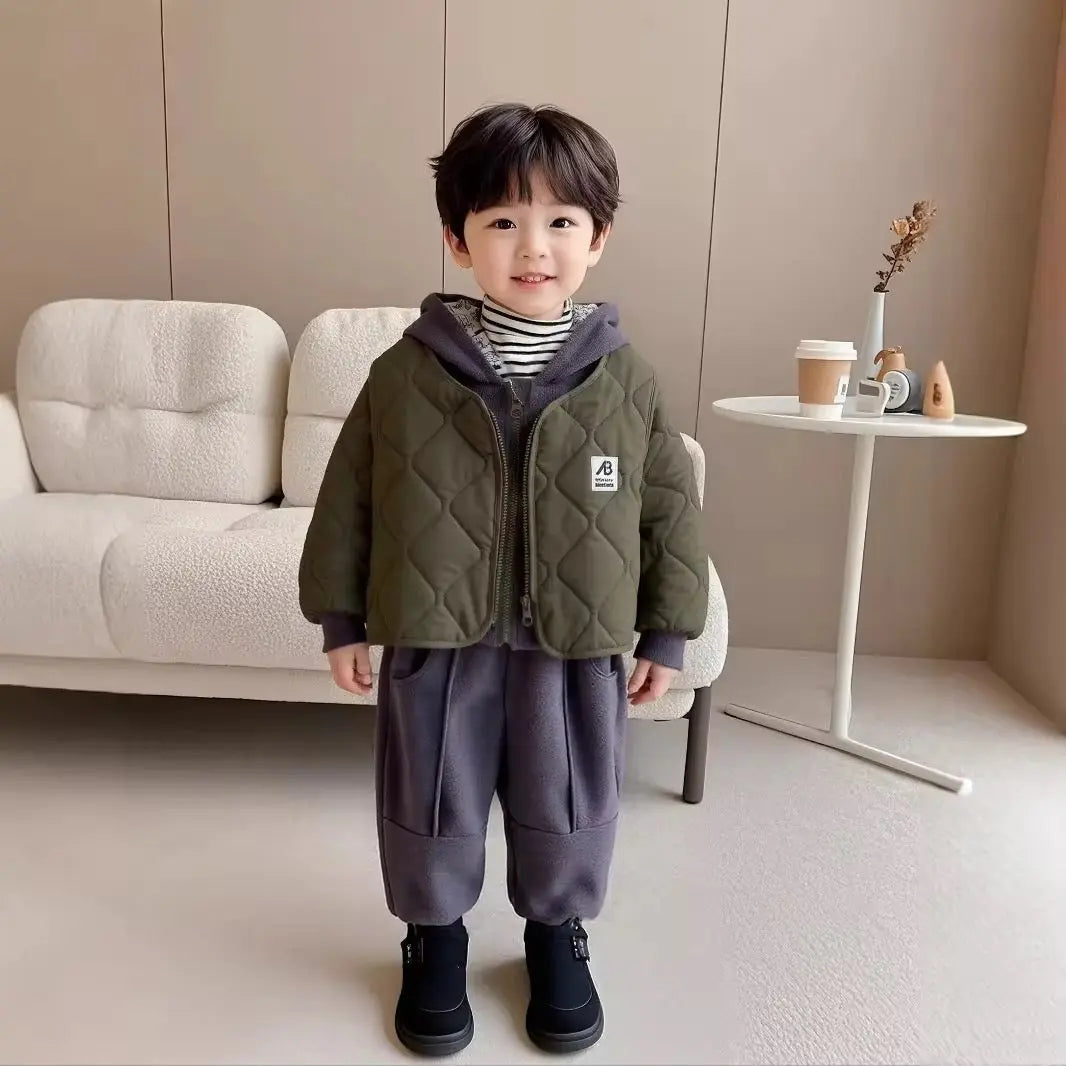 Boys Quilted Green Jacket With Grey Hoodie & Jogger Set