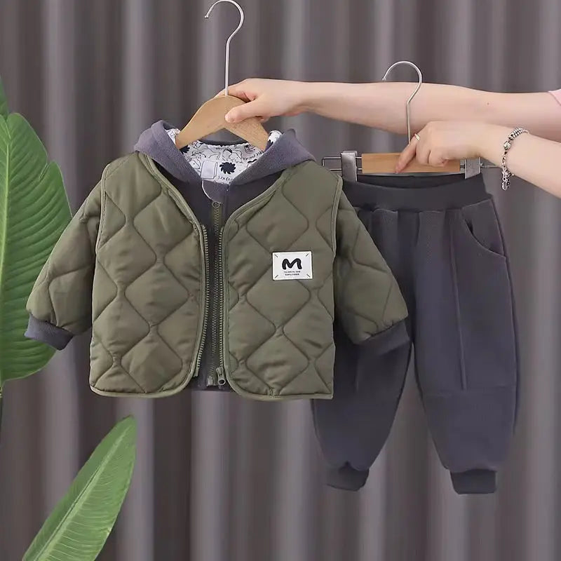 Boys Quilted Green Jacket With Grey Hoodie & Jogger Set